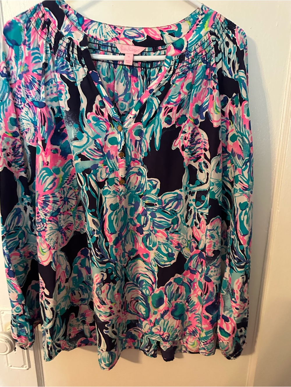 Lilly Pulitzer Navy Pink Teal Floral Long-Sleeve Blouse